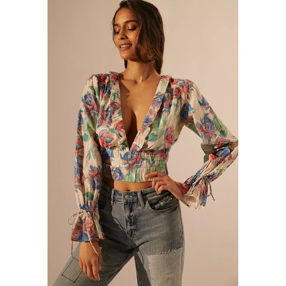 Anthropologie Floral Crop Top Womens M Multi Color Deep V-Neck Cotton Boho